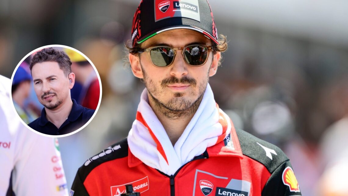 Francesco Bagnaia of Ducati prepares for the Indonesian Grand Prix; inset of Jorge Lorenzo