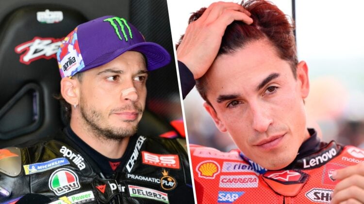Split image of Aprilia rider Marco Bezzecchi (L) and Ducati rider Marc Marquez (R) at the 2025 Indonesian Grand Prix