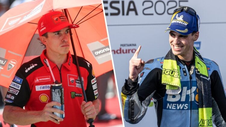 Marc Marquez of Ducati on the Mandalika grid and Gresini rider Fermin Aldeguer celebrates his first MotoGP race win in the 2025 Indonesian Grand Prix