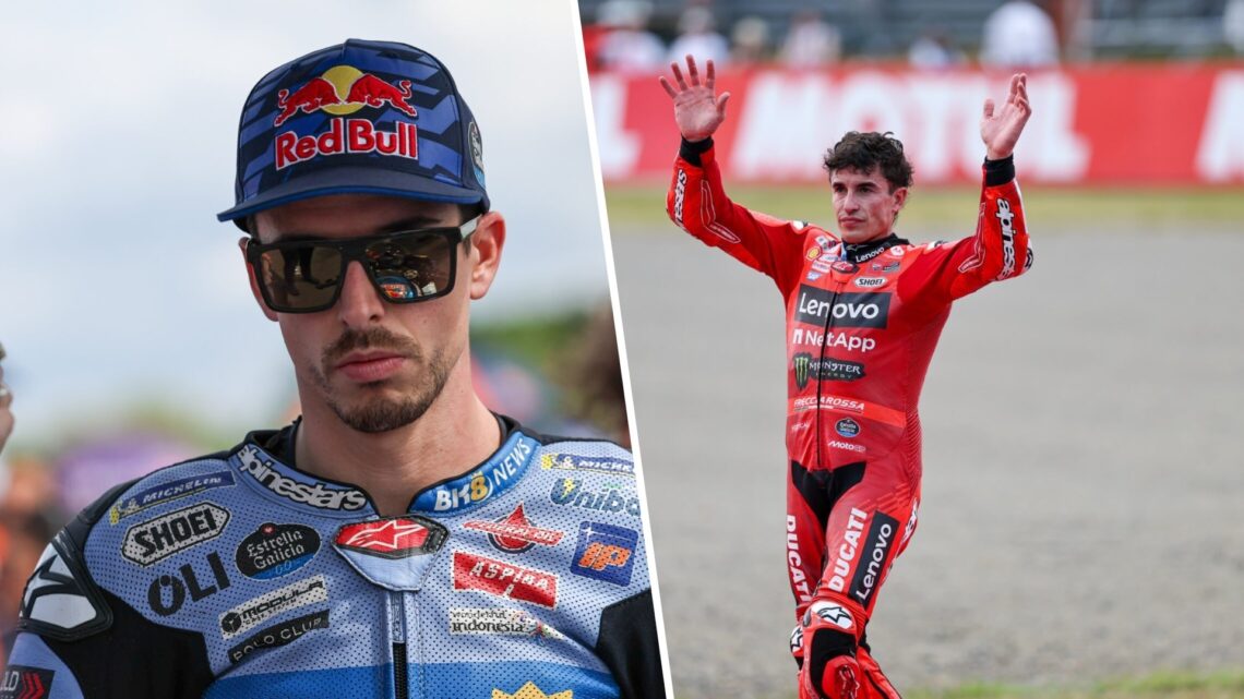 Split image of Gresini rider Alex Marquez (L) and Ducati rider Marc Marquez (R) after winning the 2025 MotoGP title