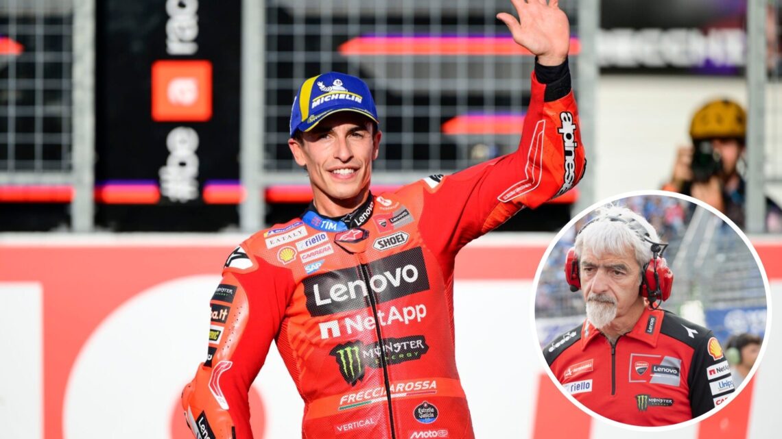 Ducati rider Marc Marquez celebrates after the Sprint race at the 2025 Japanese Grand Prix, inset Luigi Dall'Igna