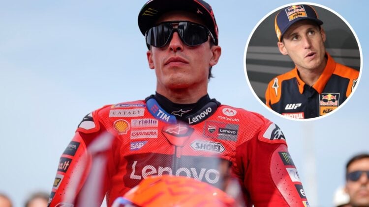 Ducati rider Marc Marquez on the grid ahead of the Sprint at the 2025 San Marino Grand Prix, inset Pol Espargaro
