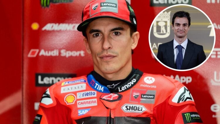 Marc Marquez of Ducati in the garage at the 2025 Japanese Grand Prix, inset Dani Pedrosa