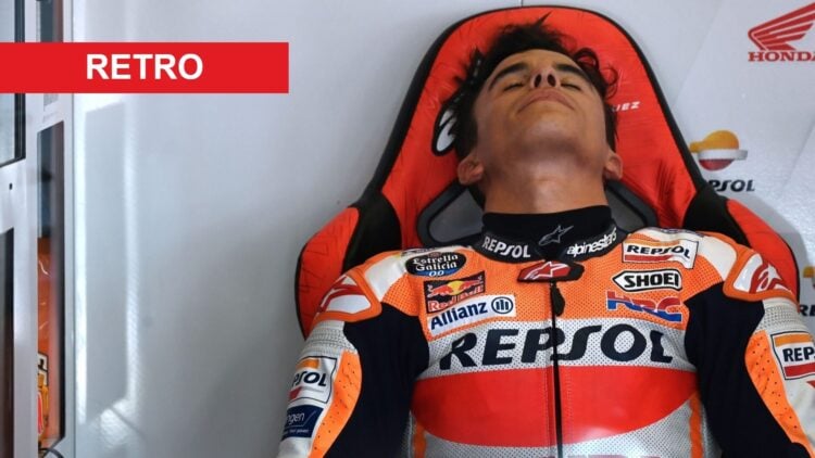 Marc Marquez of Honda sitting in his garage at the 2020 MotoGP Spanish Grand Prix, with a Retro banner