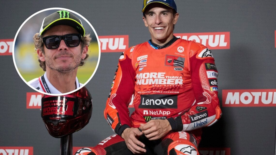 Marc Marquez of Ducati speaks in a press conference after winning the 2025 MotoGP championship; inset of Valentino Rossi