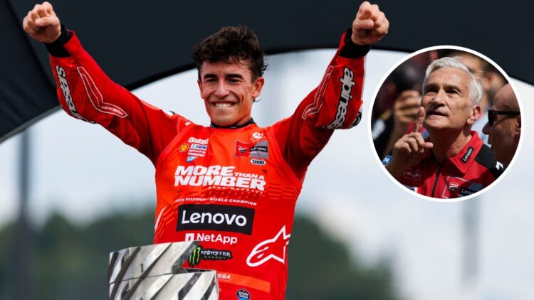 Marc Marquez raises his arms aloft as he stands over the MotoGP championship trophy, inset Davide Tardozzi