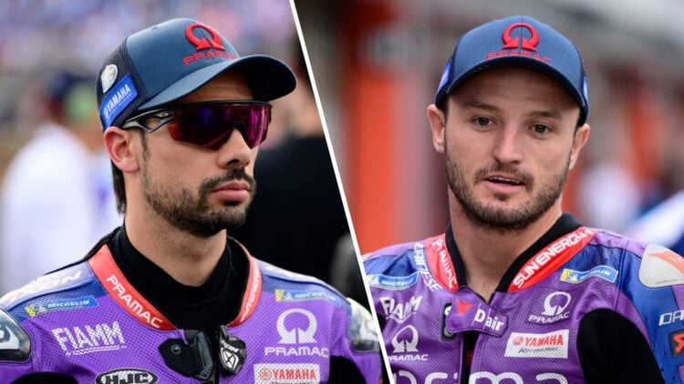 Split image of Miguel Oliveira and Jack Miller both standing in the pit lane in their Pramac overalls at the Japanese Grand Prix