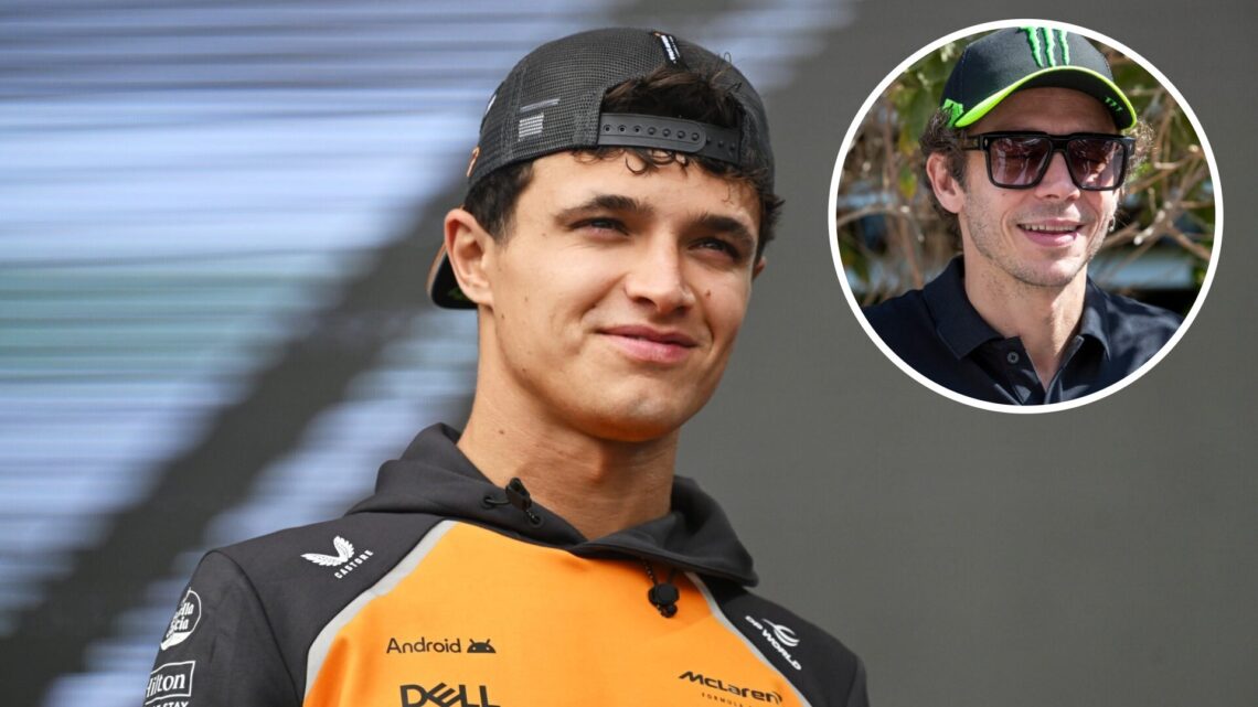 McLaren driver Lando Norris pictured on stage prior to final practice at the 2025 Singapore Grand Prix, inset Valentino Rossi