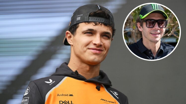 McLaren driver Lando Norris pictured on stage prior to final practice at the 2025 Singapore Grand Prix, inset Valentino Rossi