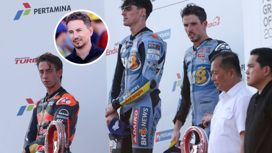 (left to right) Pedro Acosta, Fermin Aldeguer and Alex Marquez atop the podium at the 2025 Grand Prix of Indonesia with Jorge Lorenzo in the overla...