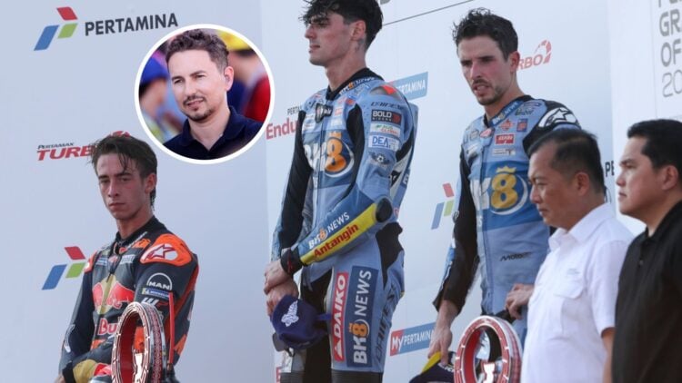 (left to right) Pedro Acosta, Fermin Aldeguer and Alex Marquez atop the podium at the 2025 Grand Prix of Indonesia with Jorge Lorenzo in the overla...