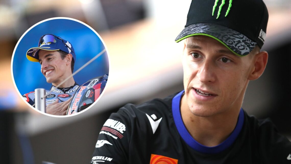 Fabio Quartararo of Yamaha speaks at the Indonesian Grand Prix; inset of Marc Marquez in Gresini colours