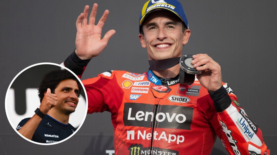 Marc Marquez of Ducati waves on the Sprint podium at the Japanese Grand Prix; inset of Carlos Sainz