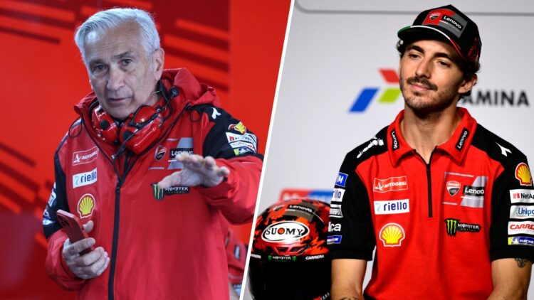 Split image of Ducati team manager Davide Tardozzi (L) and Ducati rider Francesco Bagnaia (R)