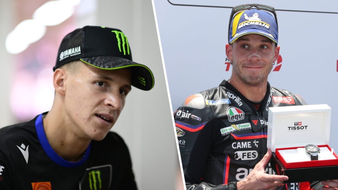 Yamaha's Fabio Quartararo speaks to the media at Mandalika and Aprilia rider Marco Bezzecchi celebrates scoring pole position for the 2025 MotoGP I...