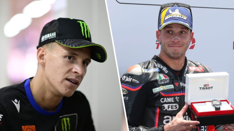 Yamaha's Fabio Quartararo speaks to the media at Mandalika and Aprilia rider Marco Bezzecchi celebrates scoring pole position for the 2025 MotoGP I...