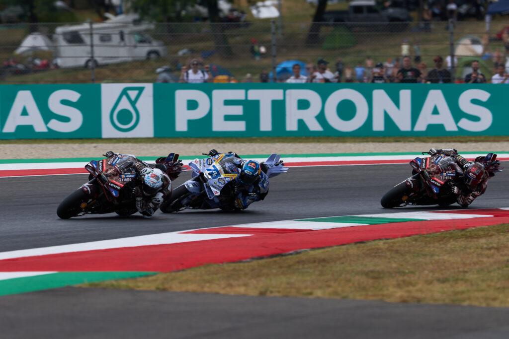 Ducati's Francesco bagnaia leads the 2025 MotoGP Italian Grand Prix ahead of Alex Marquez and Marc Marquez at Mugello