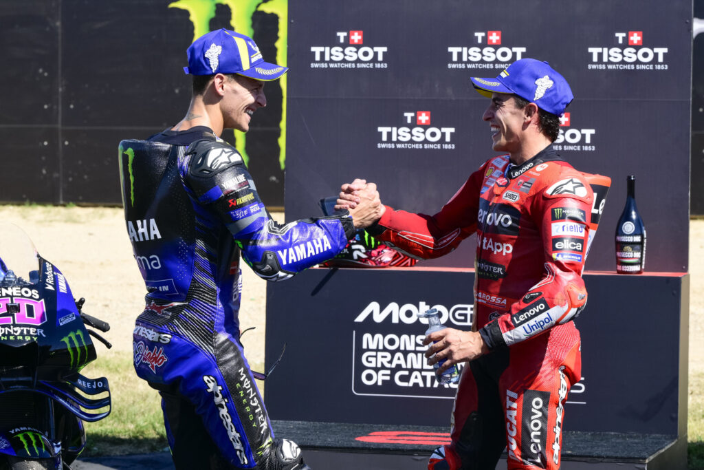 Marc Marquez and Fabio Quartararo shake hands after the Sprint at the 2025 Catalan Grand Prix