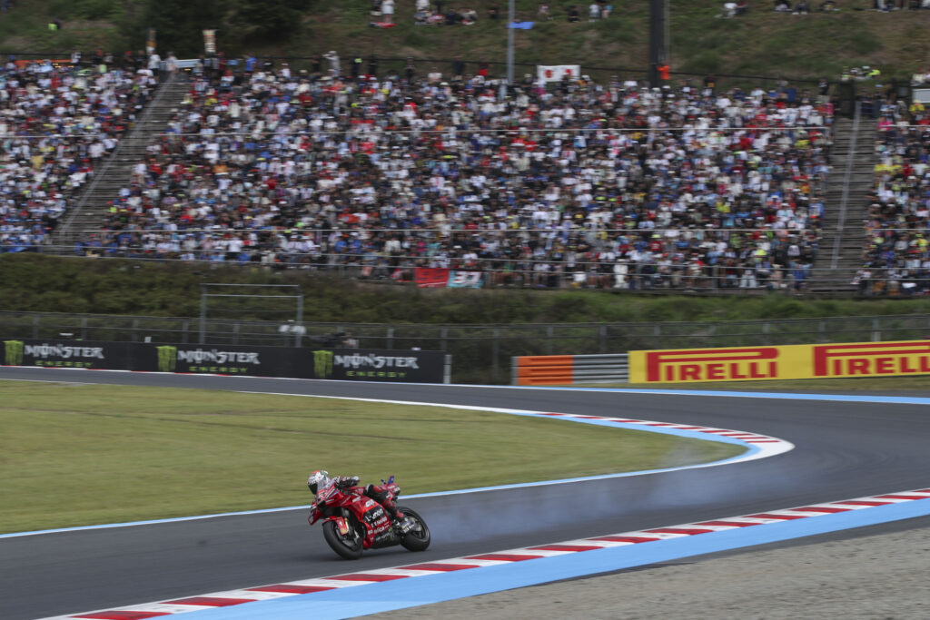 Francesco Bagnaia's Ducati bike smokes at the end of the Japanese GP