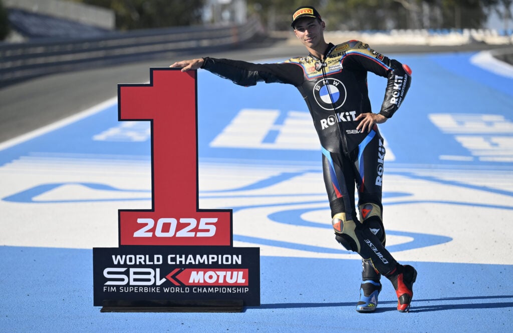 BMW World Superbike Championship rider Toprak Razgatlioglu celebrates winning the 2025 WSBK title at Jerez