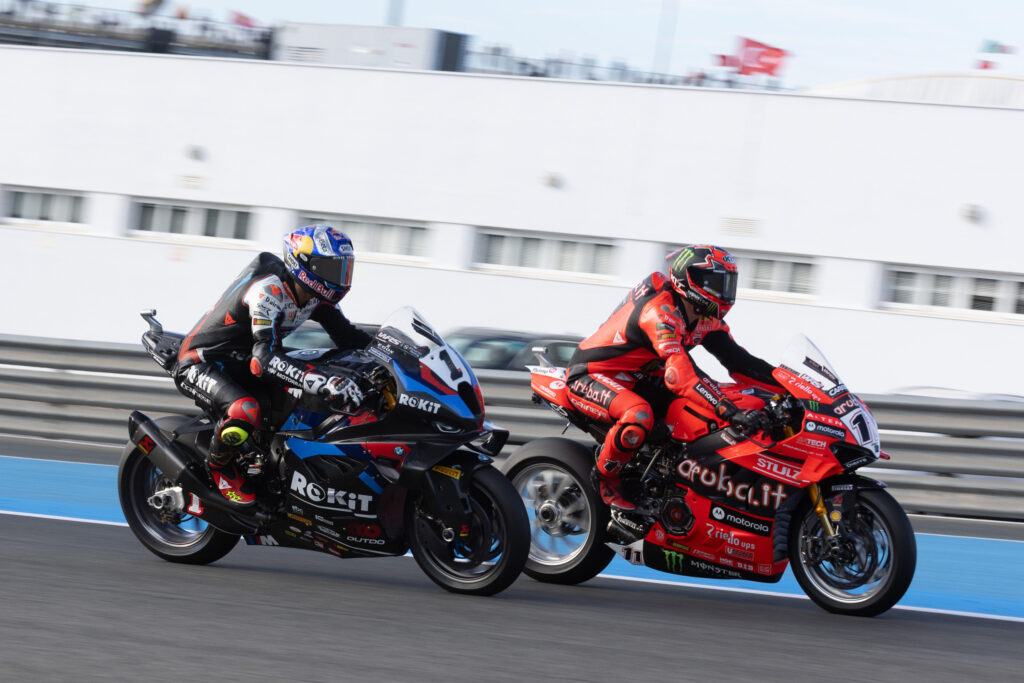 Nicolo Bulega leading Toprak Razgatlioglu during the final round of the 2025 World Superbikes season.