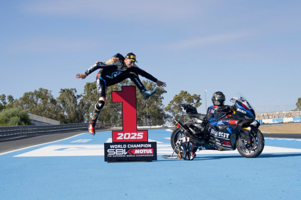 BMW World Superbike Championship rider Toprak Razgatlioglu celebrates winning the 2025 WSBK title at Jerez