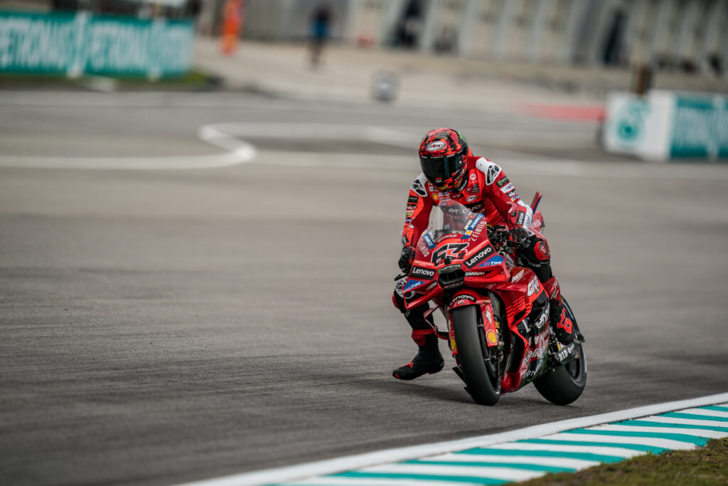 Ducati rider Francesco Bagnaia rides his GP25 during practice at the 2025 Malaysian Grand Prix