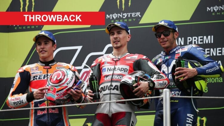 Jorge Lorenzo celebrates winning the 2018 Spanish Grand Prix ahead of Marc Marquez and Valentino Rossi