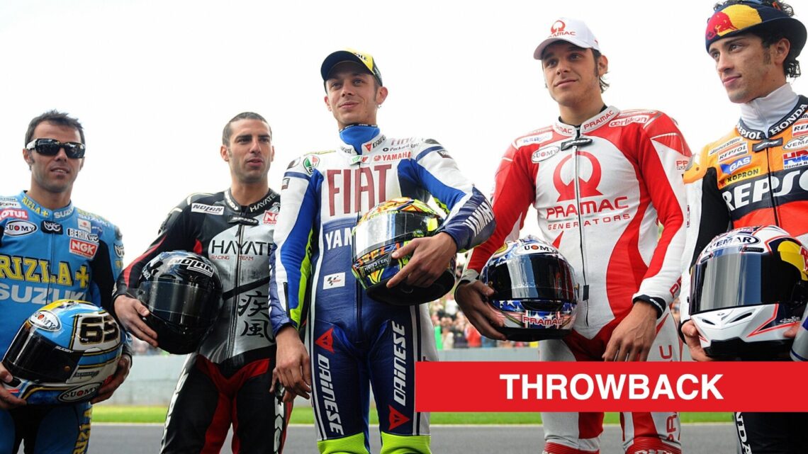 Valentino Rossi posing for a photo in between Marco Melandri, Andrea Dovizioso, Loris Capirossi and Niccolo Canepa with a throwback label in the bo...