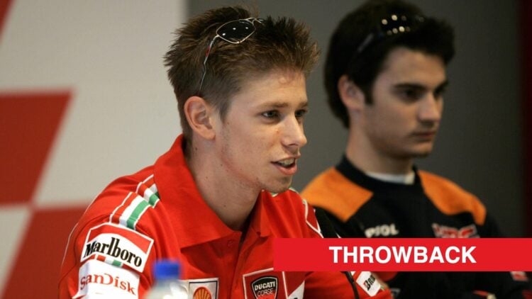 Casey Stoner speaking in a press conference sat next to Dani Pedrosa at the Jerez circuit in 2007.