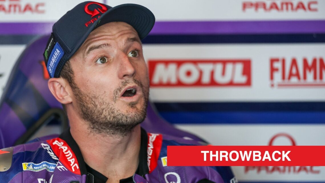 Pramac Yamaha rider Jack Miller in the garage during practice for the 2025 MotoGP Hungarian Grand Prix at Balaton Park with the throwback label in ...