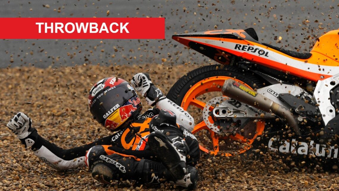 Marc Marquez crashes during the 2011 Moto2 race at Jerez