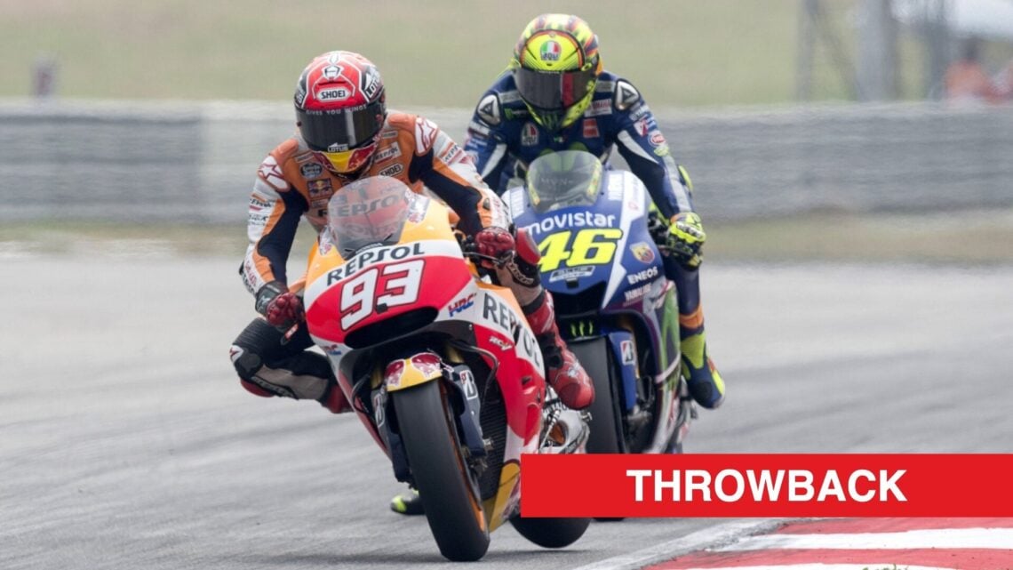 Marc Marquez ahead of Valentino Rossi during the infamous 2015 Malaysian Grand Prix.