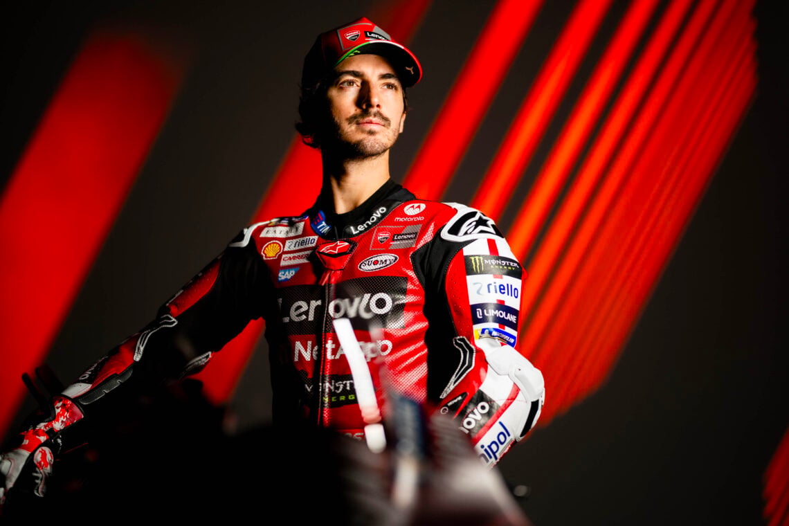 Ducati rider Francesco Bagnaia poses with his 2026 MotoGP bike