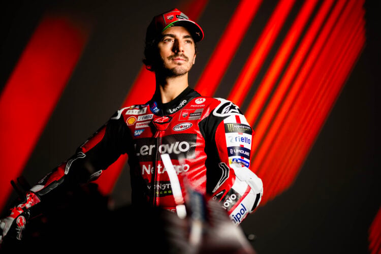 Ducati rider Francesco Bagnaia poses with his 2026 MotoGP bike