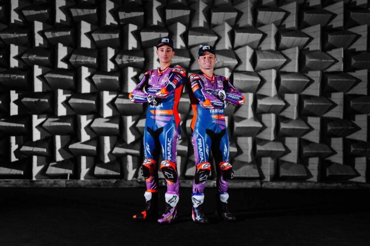 Toprak Razgatlioglu and Jack Miller pose at the 2026 Pramac livery team launch event