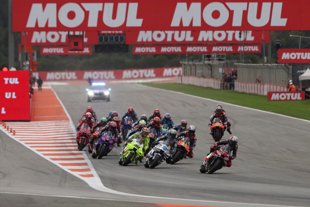 A general view into Turn 1 at the start of the 2025 MotoGP season-ending Valencia Grand Prix