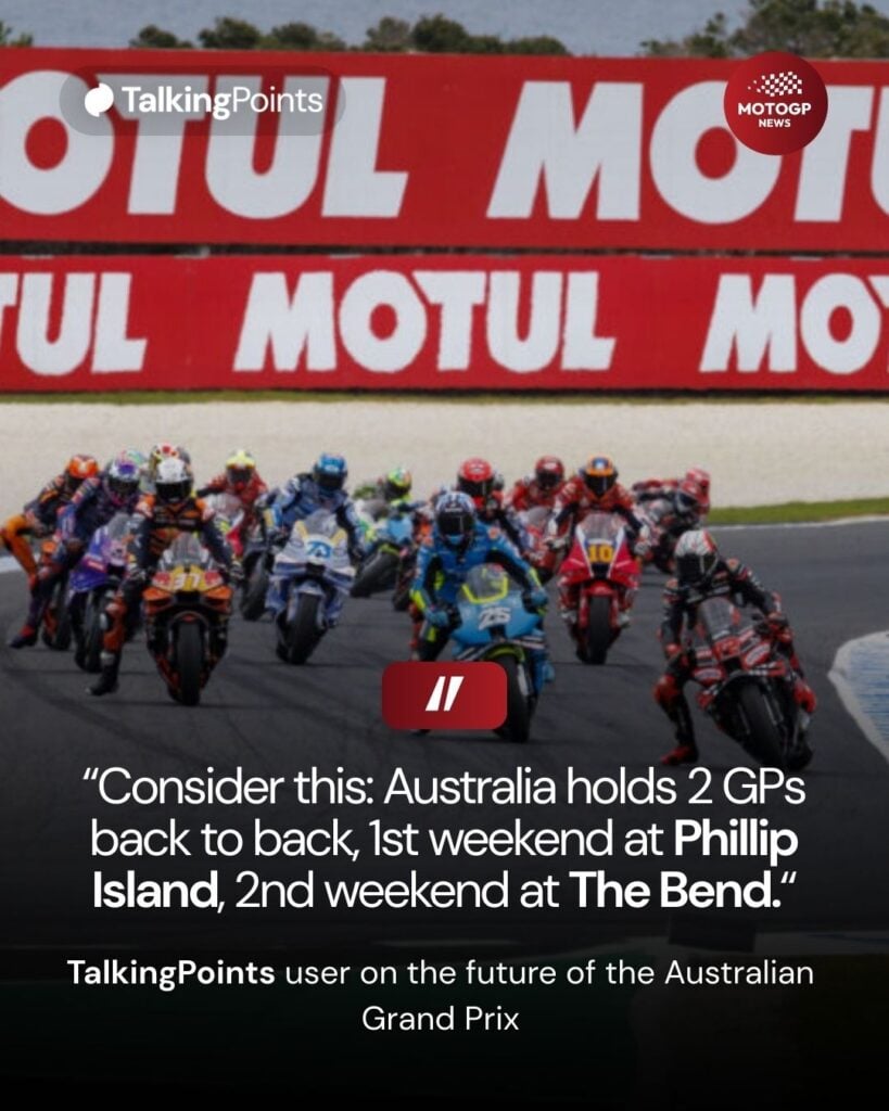 Quote graphic with riders competing in the 2025 Australian Grand Prix behind.