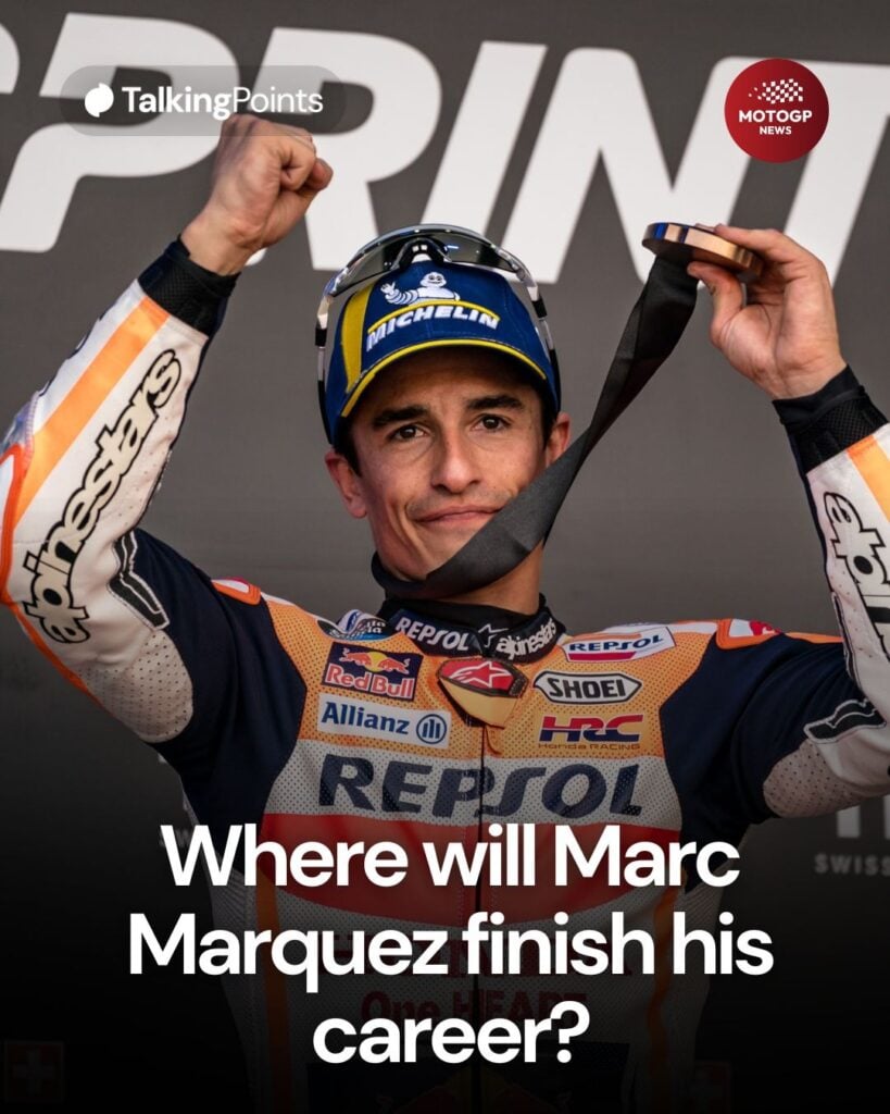 Marc Marquez celebrates a Sprint podium for Honda in Valencia in 2023
