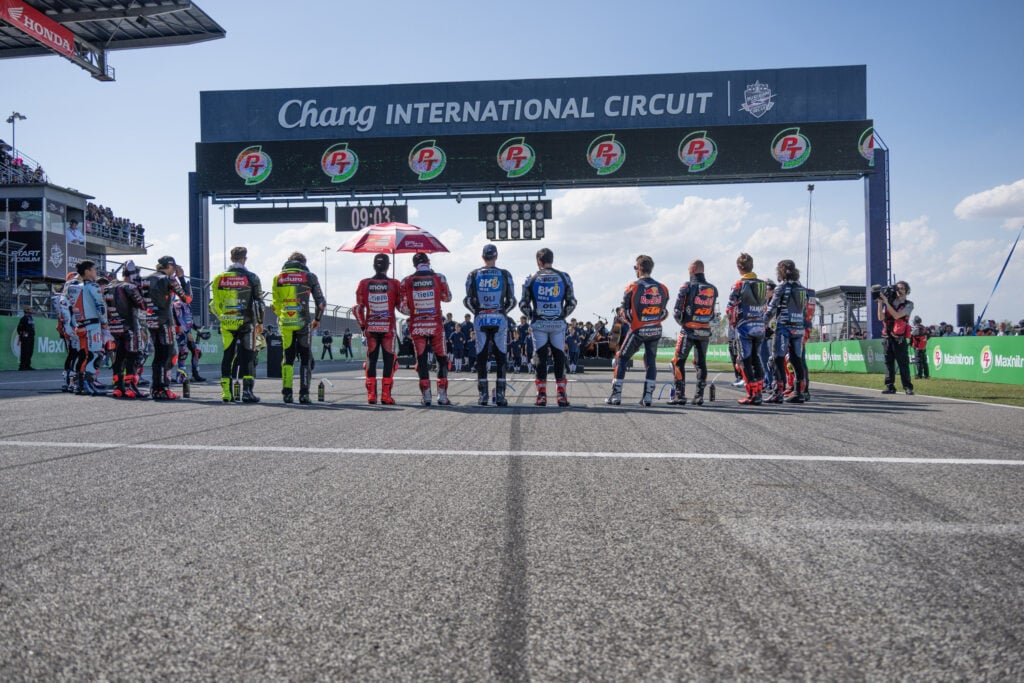 A general view of the 2026 MotoGP riders on the grid before the Thailand Grand Prix