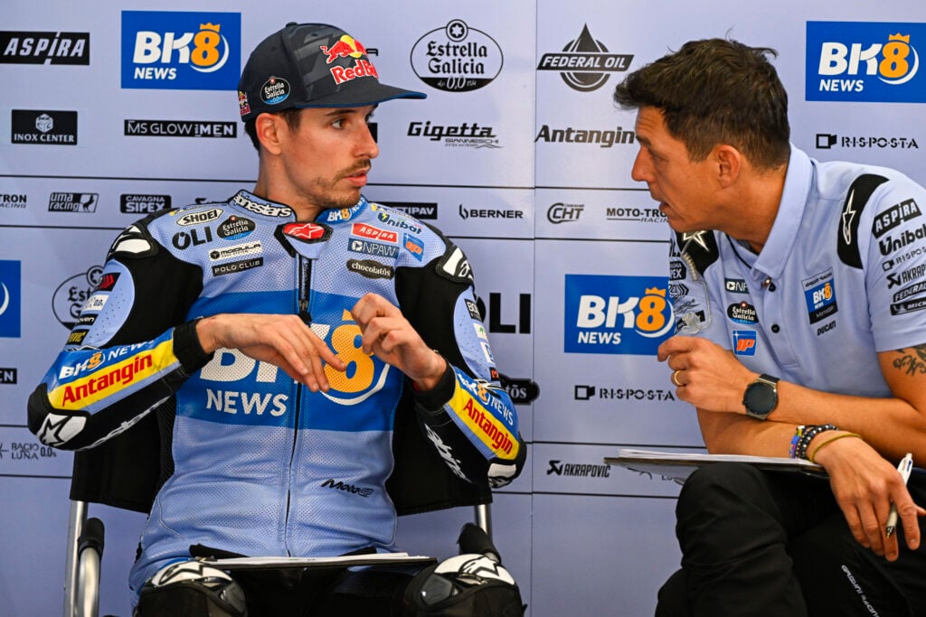 Gresini rider Alex Marquez speaks with his crew chief in the garage at the 2026 MotoGP United States Grand Prix