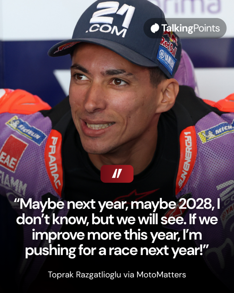 Pramac Yamaha rider Toprak Razgatlioglu looks on from the garage at the 2026 MotoGP United States Grand Prix