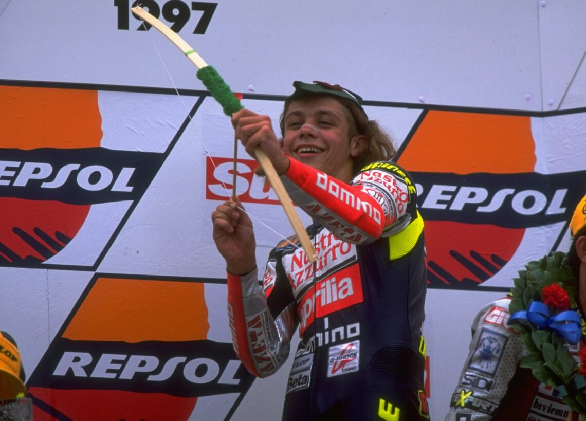 17 Aug 1997: Valentino Rossi of Italy celebrates victory at the British Motorcycle Grand Prix at Donington Park in England. Rossi went on to win t...