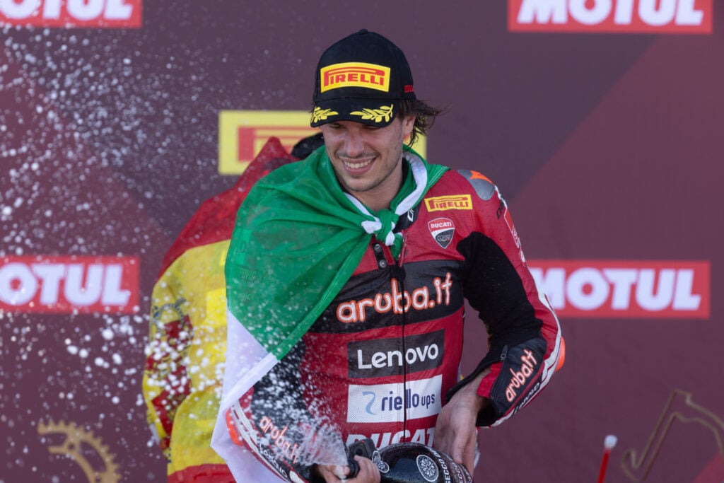 Ducati's Nicolo Bulega celebrated on the World Superbikes podium.