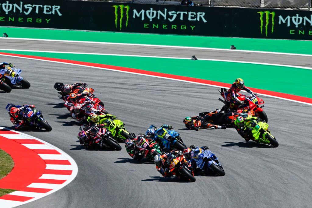 VR46's Fabio Di Giannantonio has retired from the MotoGP 2026 Catalan Grand Prix after a collision with KTM's Brad Binder in the Sprint Race.