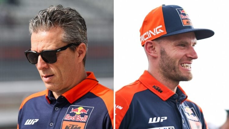 Francesco Guidotti walks in the MotoGP pit lane; Brad Binder of KTM smiles