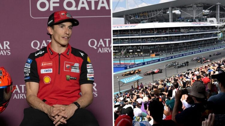 Marc Marquez of Ducati in a press conference; the start of the F1 Miami Grand Prix