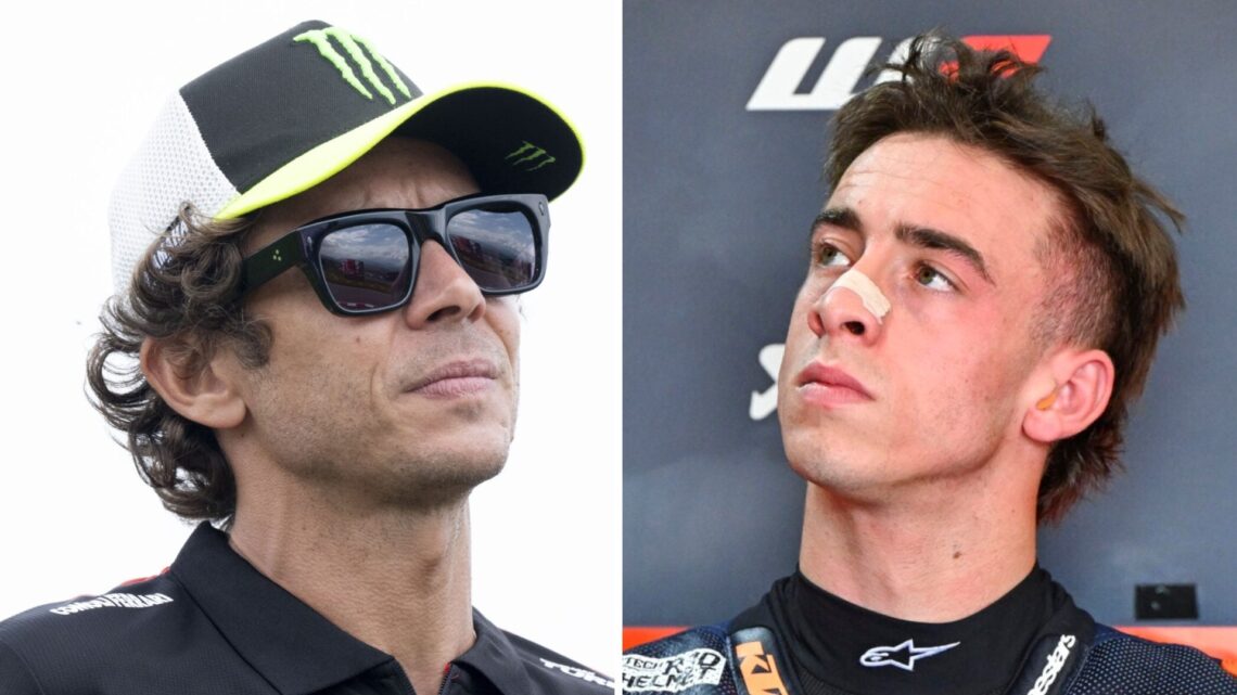Valentino Rossi of VR46 looks on; Pedro Acosta of KTM in the garage