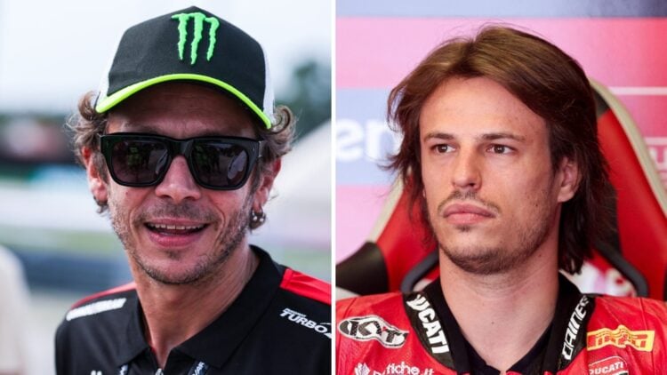 Valentino Rossi of VR46 looks on; Nicolo Bulega of Ducati in the garage
