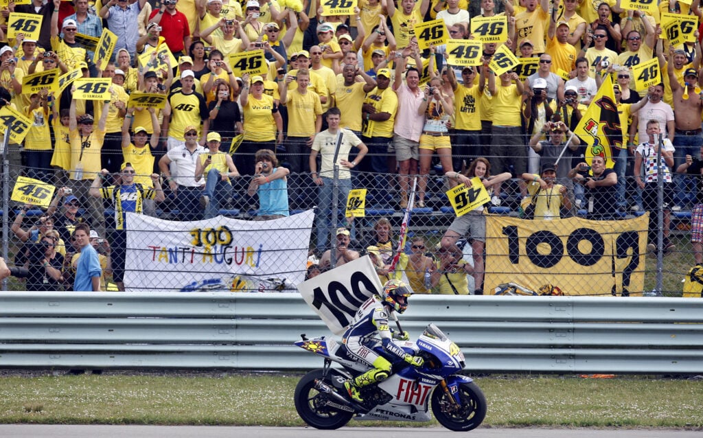 Valentino Rossi celebrated his 100th victory in Assen after the 2009 MotoGP Dutch Grand Prix.
